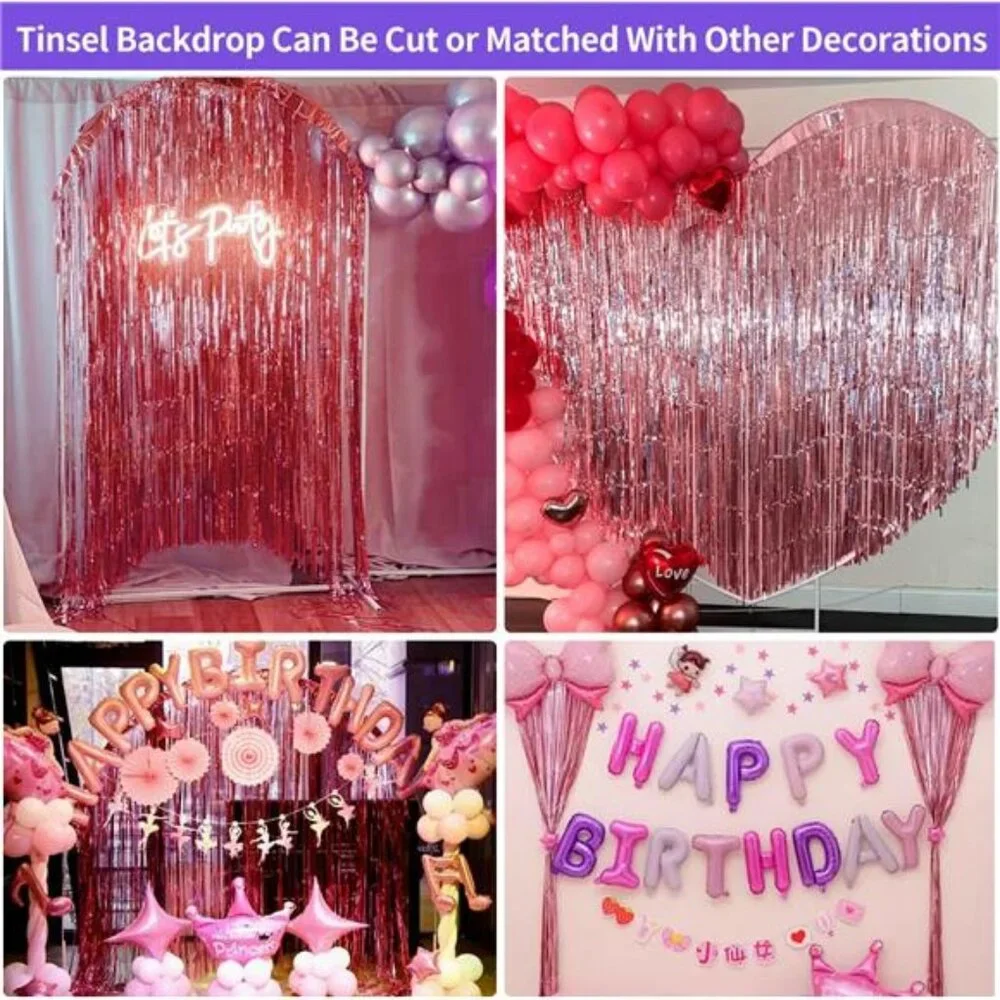 Pink Birthday Decorations for Girls 3.3x8.2ft Pink Tinsel Backdrop Foil Fringe
